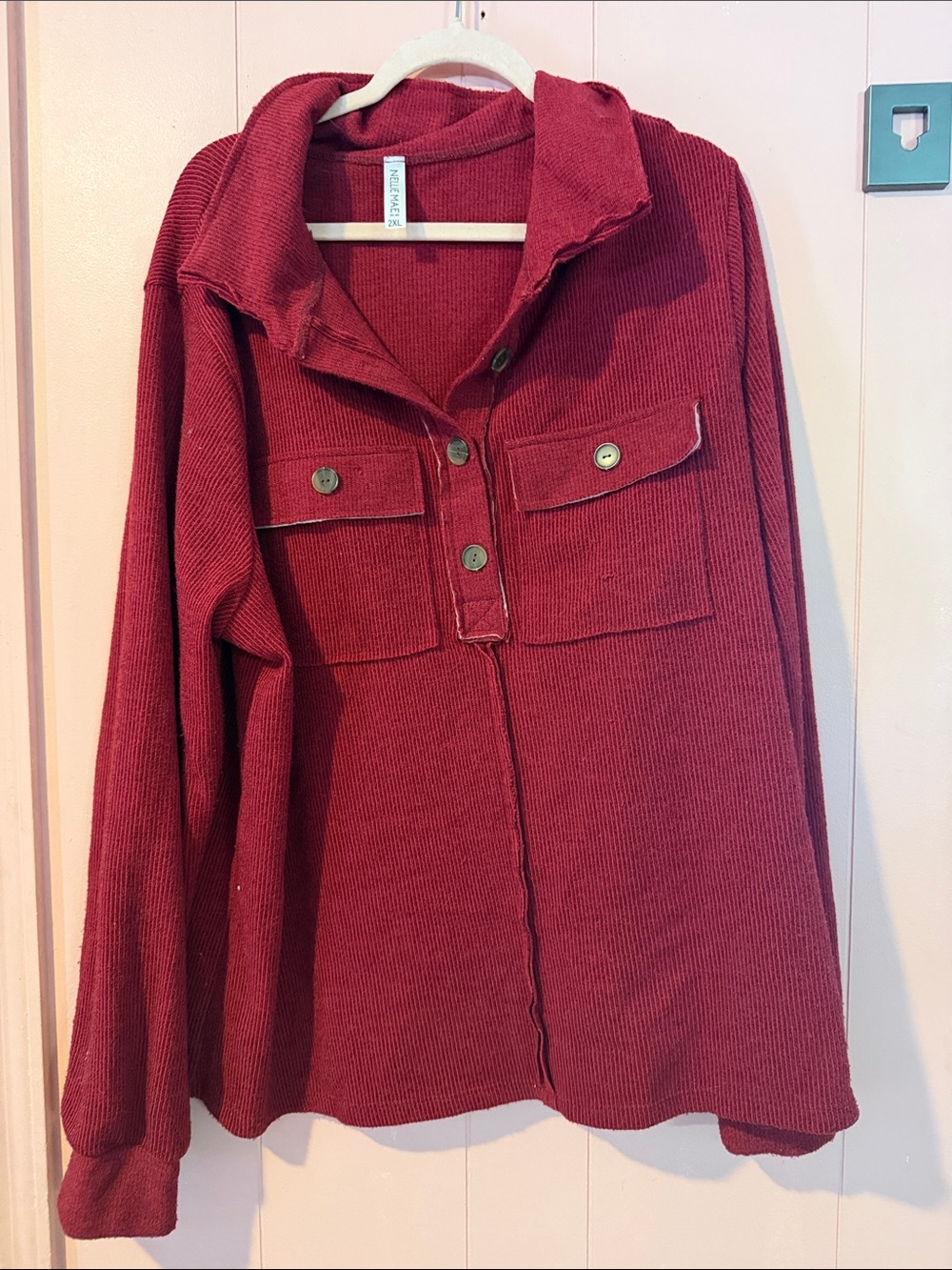 Relaxed Button-Front Shirt Jacket in Deep Red